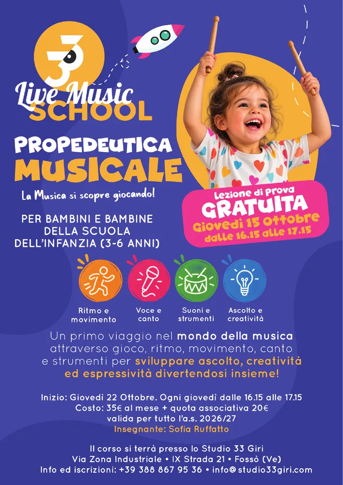 Corso di Home Recording | Poliambulatorio Villa Ferri Medica Volantino del corso di Propedeutica Musicale per bambini dai 3 ai 6 anni allo Studio 33 Giri di Fossò